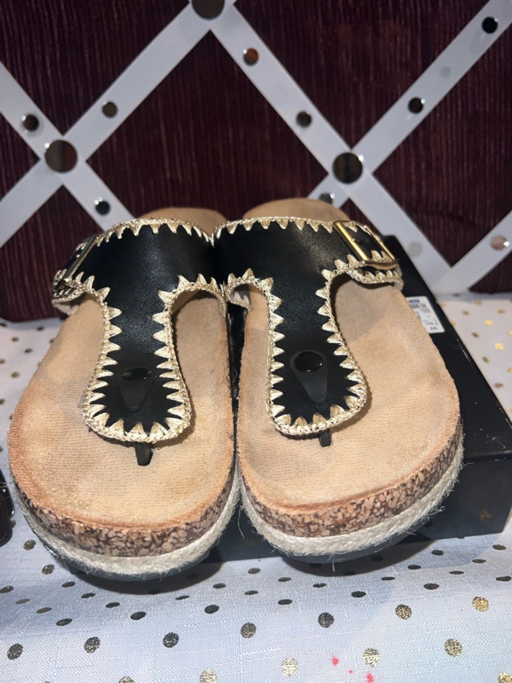 Black Leather Thong Sandals with Gold Stitch Trim